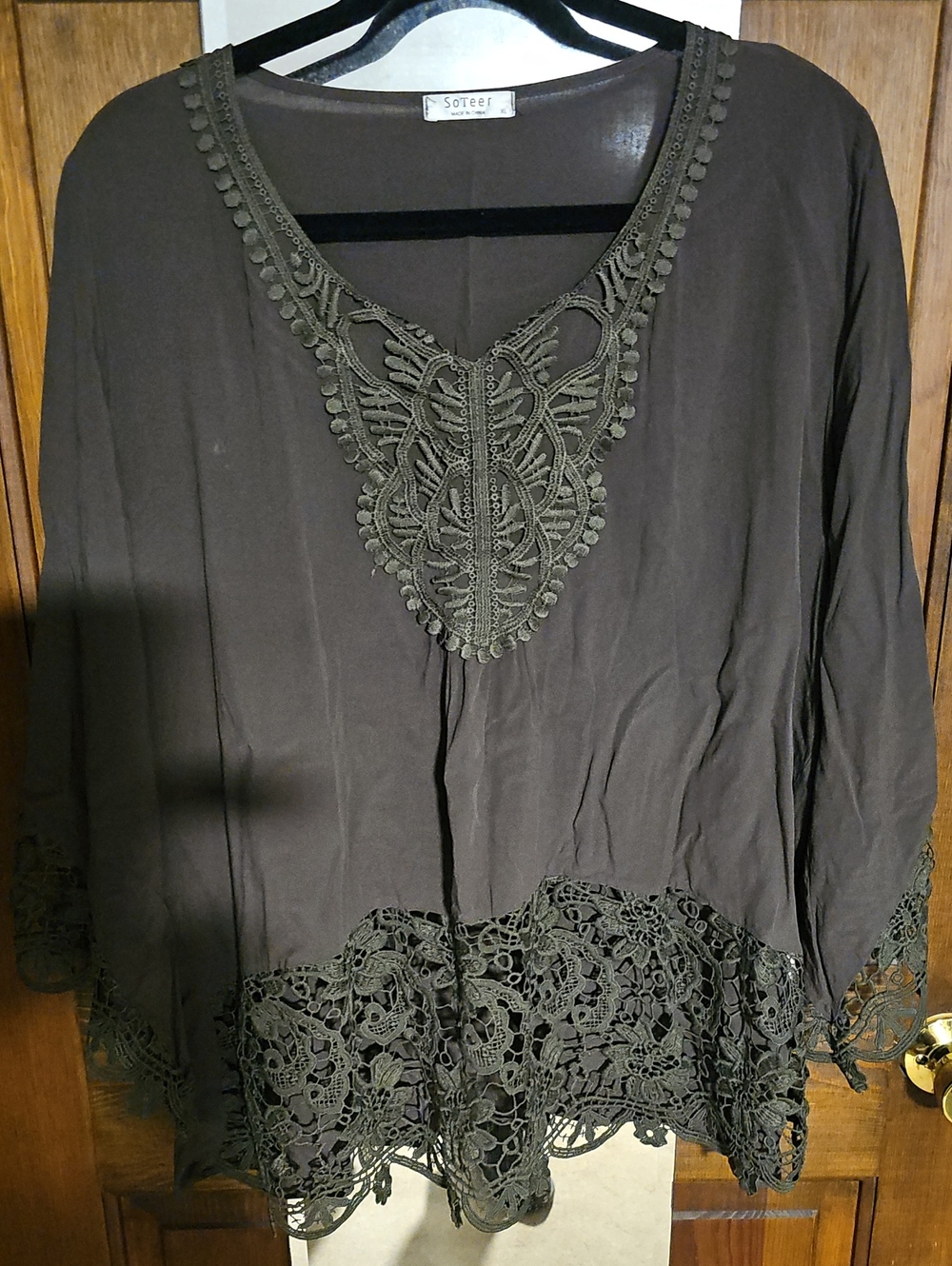 Soteer Olive Lace-Trim V-Neck Tunic
